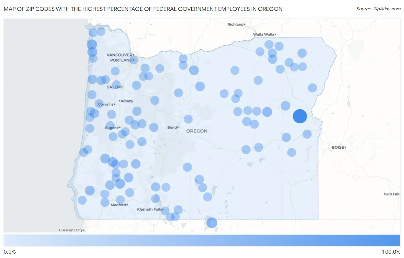 Zip Codes with the Highest Percentage of Federal Government Employees in Oregon Map