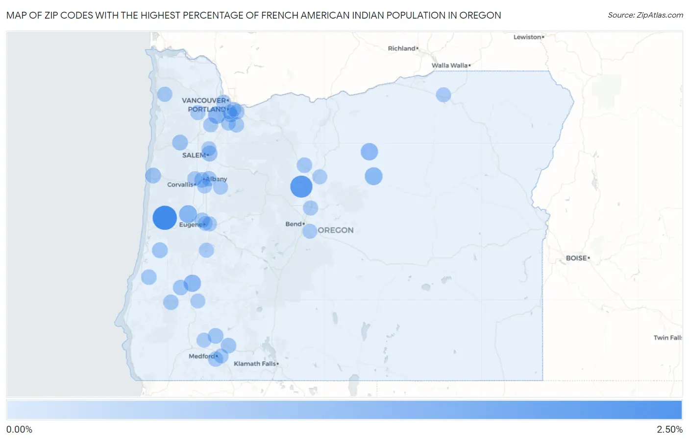 Zip Codes with the Highest Percentage of French American Indian Population in Oregon Map