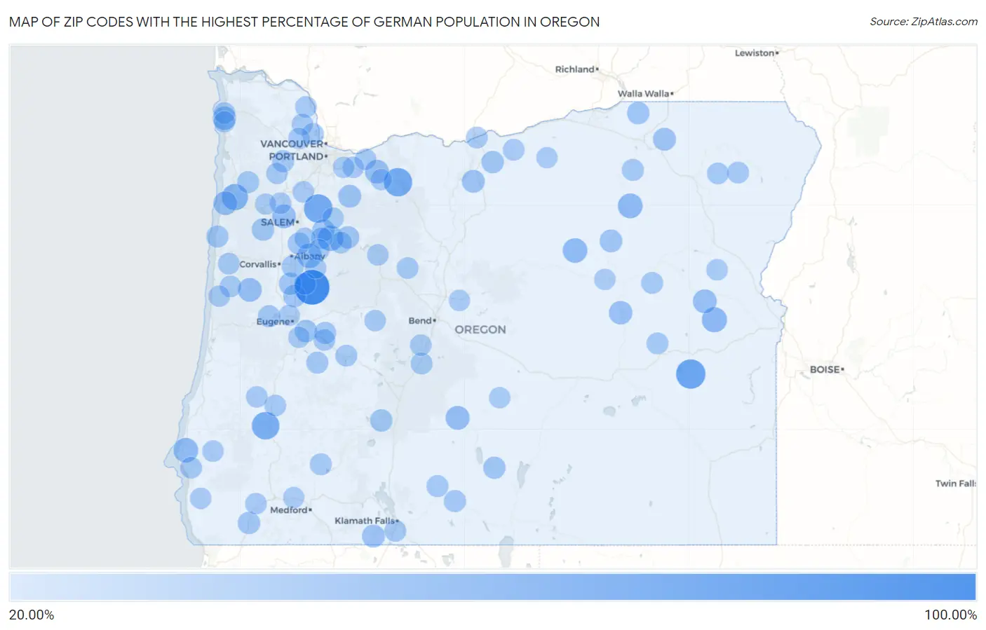Zip Codes with the Highest Percentage of German Population in Oregon Map