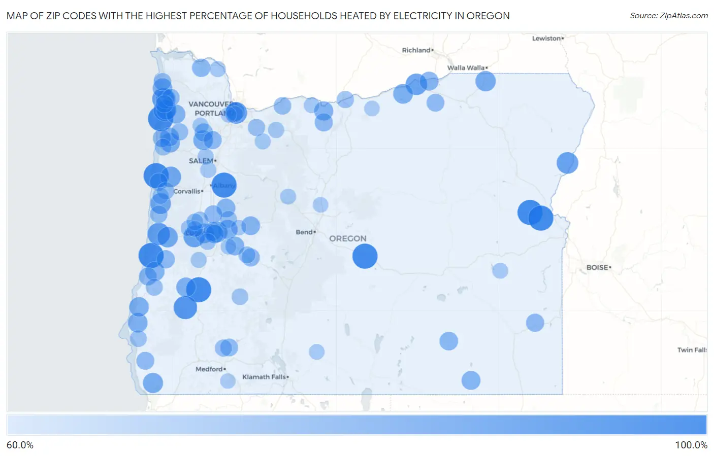 Zip Codes with the Highest Percentage of Households Heated by Electricity in Oregon Map