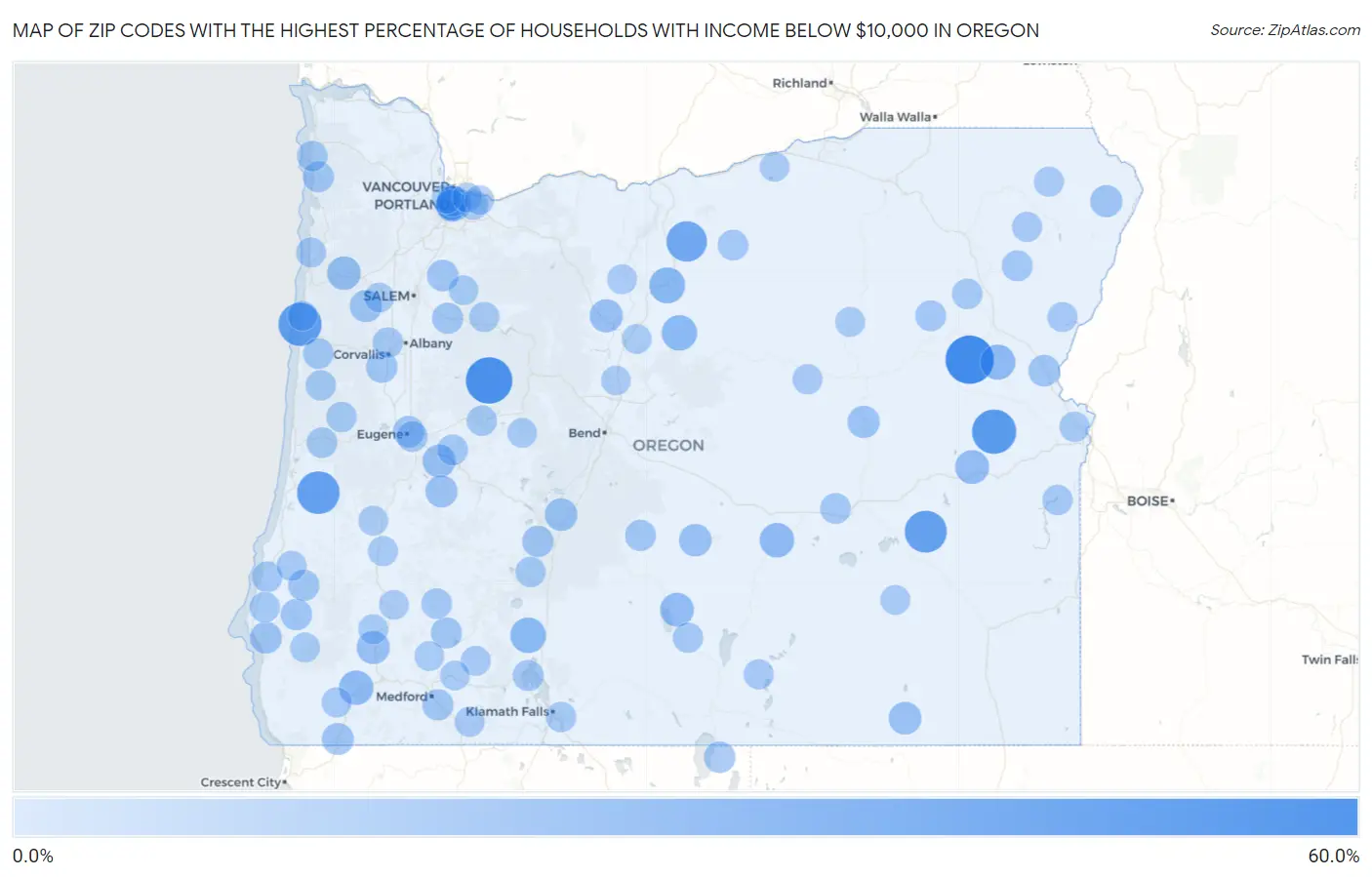 Zip Codes with the Highest Percentage of Households with Income Below $10,000 in Oregon Map