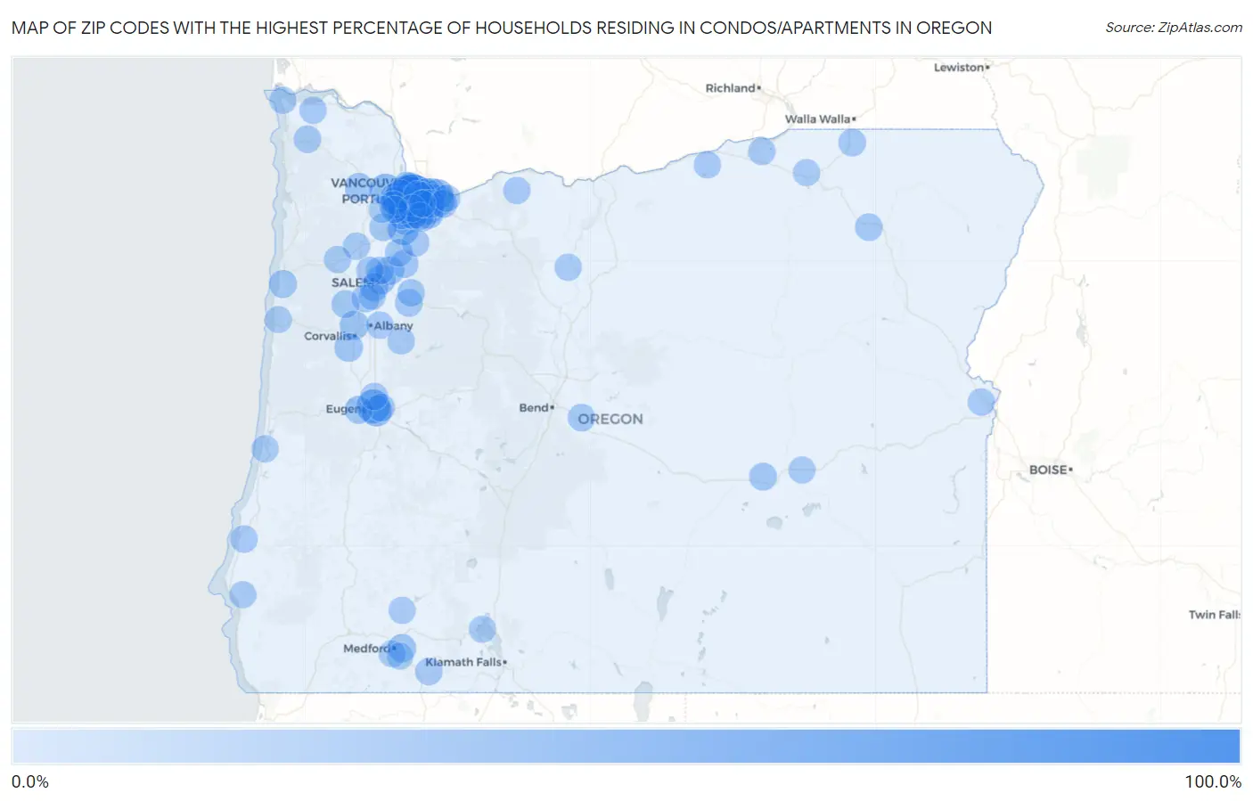 Zip Codes with the Highest Percentage of Households Residing in Condos/Apartments in Oregon Map