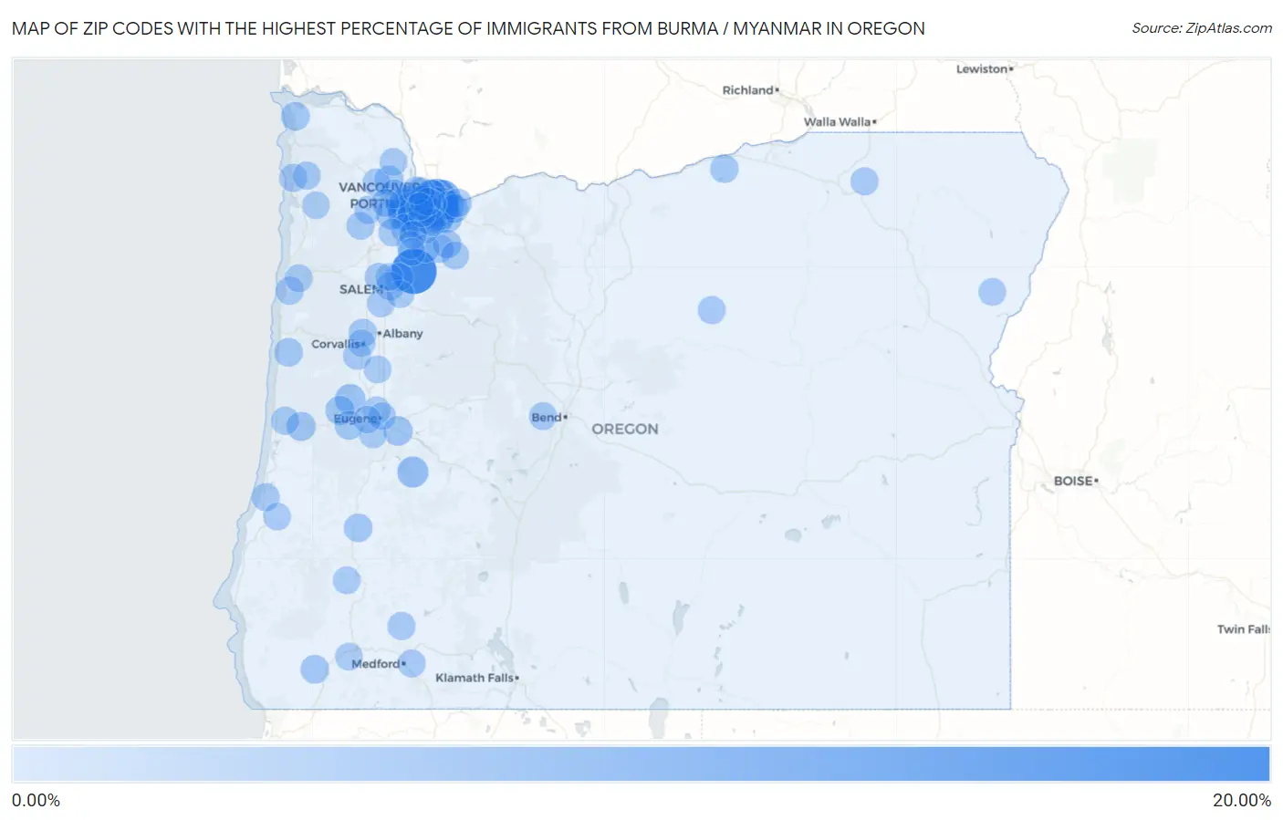 Zip Codes with the Highest Percentage of Immigrants from Burma / Myanmar in Oregon Map