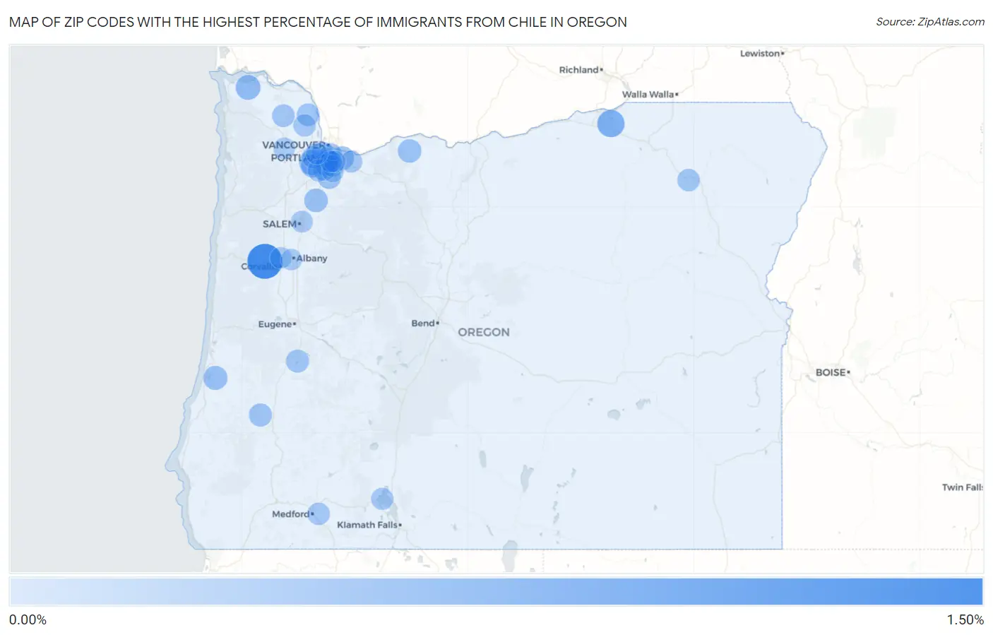 Zip Codes with the Highest Percentage of Immigrants from Chile in Oregon Map