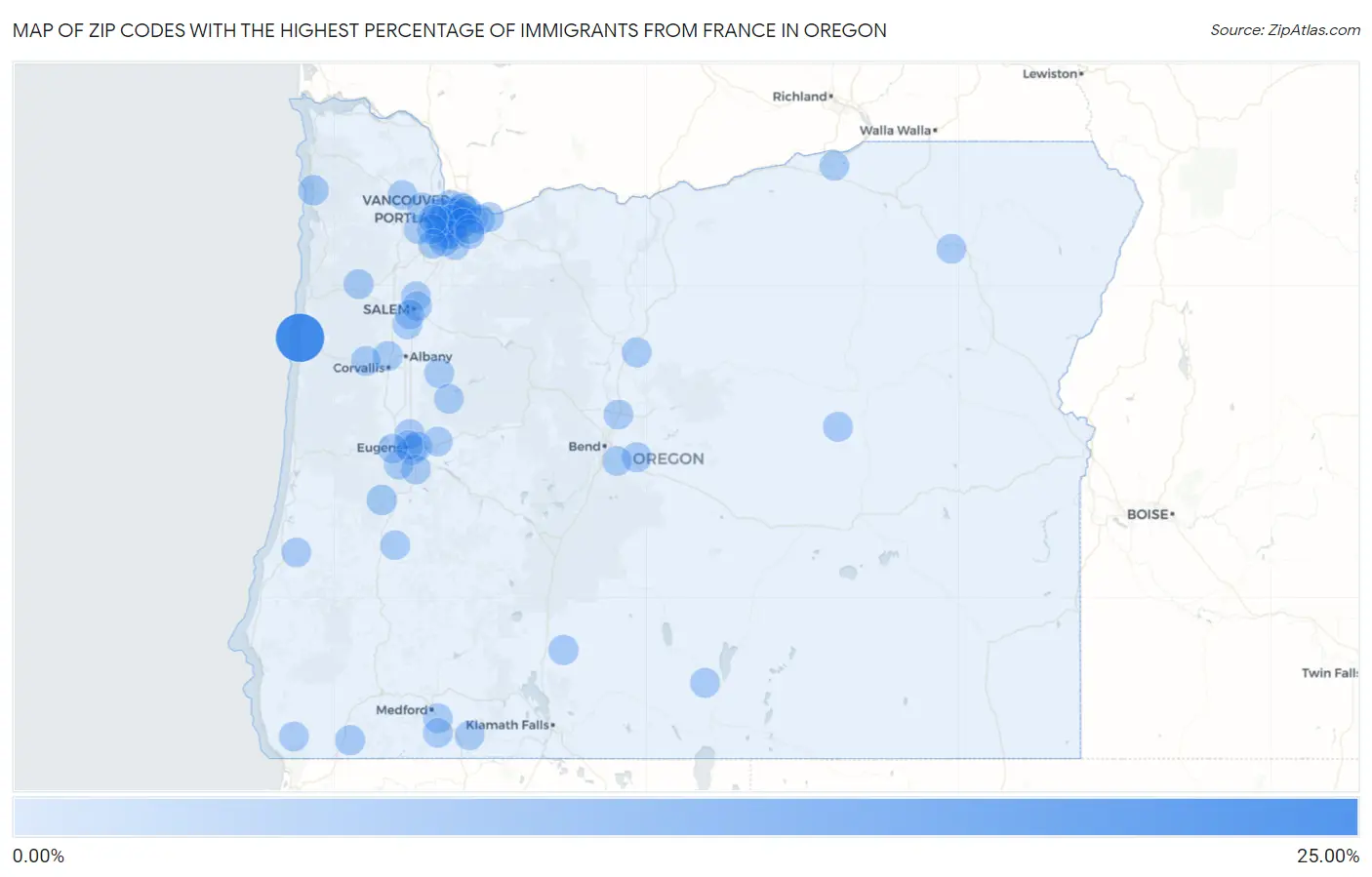 Zip Codes with the Highest Percentage of Immigrants from France in Oregon Map