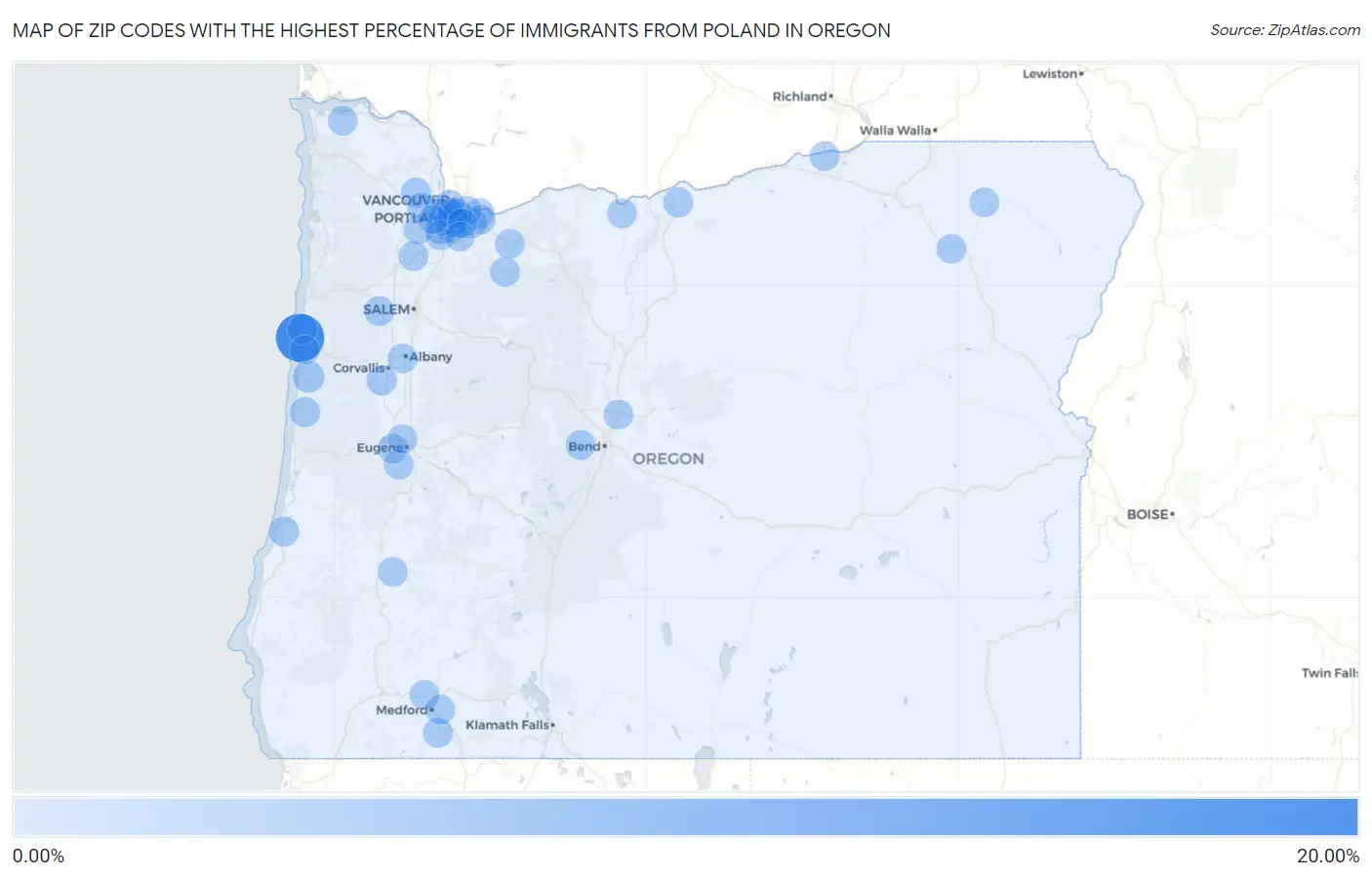 Zip Codes with the Highest Percentage of Immigrants from Poland in Oregon Map