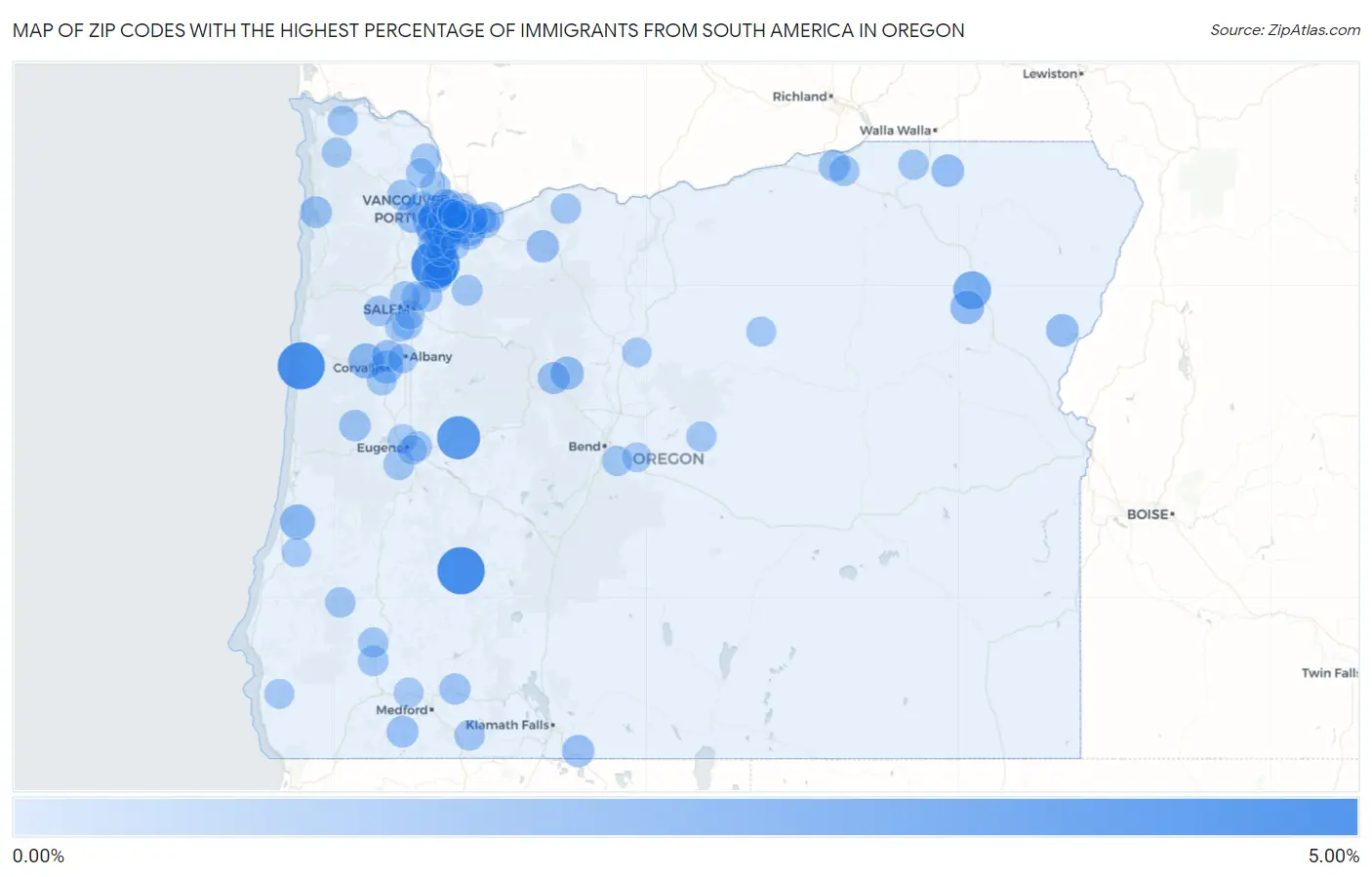 Zip Codes with the Highest Percentage of Immigrants from South America in Oregon Map