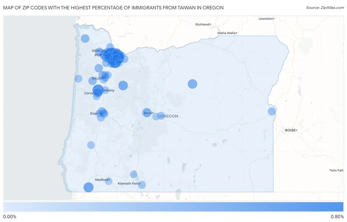 Zip Codes with the Highest Percentage of Immigrants from Taiwan in Oregon Map