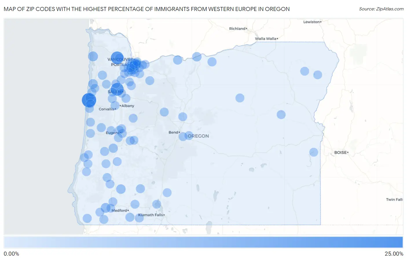Zip Codes with the Highest Percentage of Immigrants from Western Europe in Oregon Map