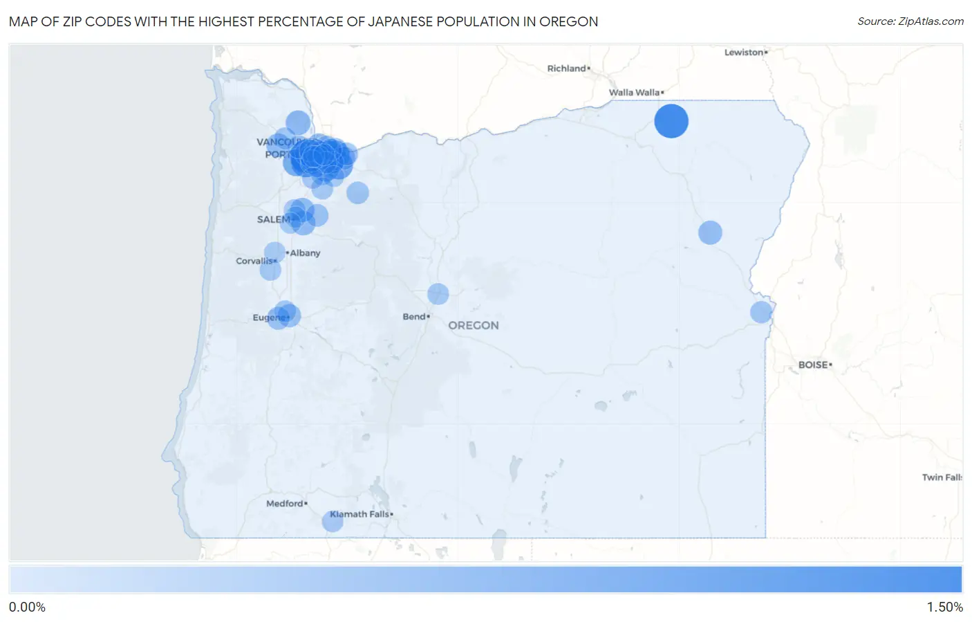 Zip Codes with the Highest Percentage of Japanese Population in Oregon Map
