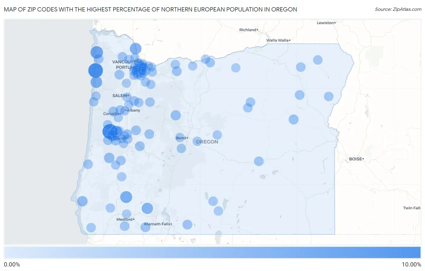 Zip Codes with the Highest Percentage of Northern European Population in Oregon Map