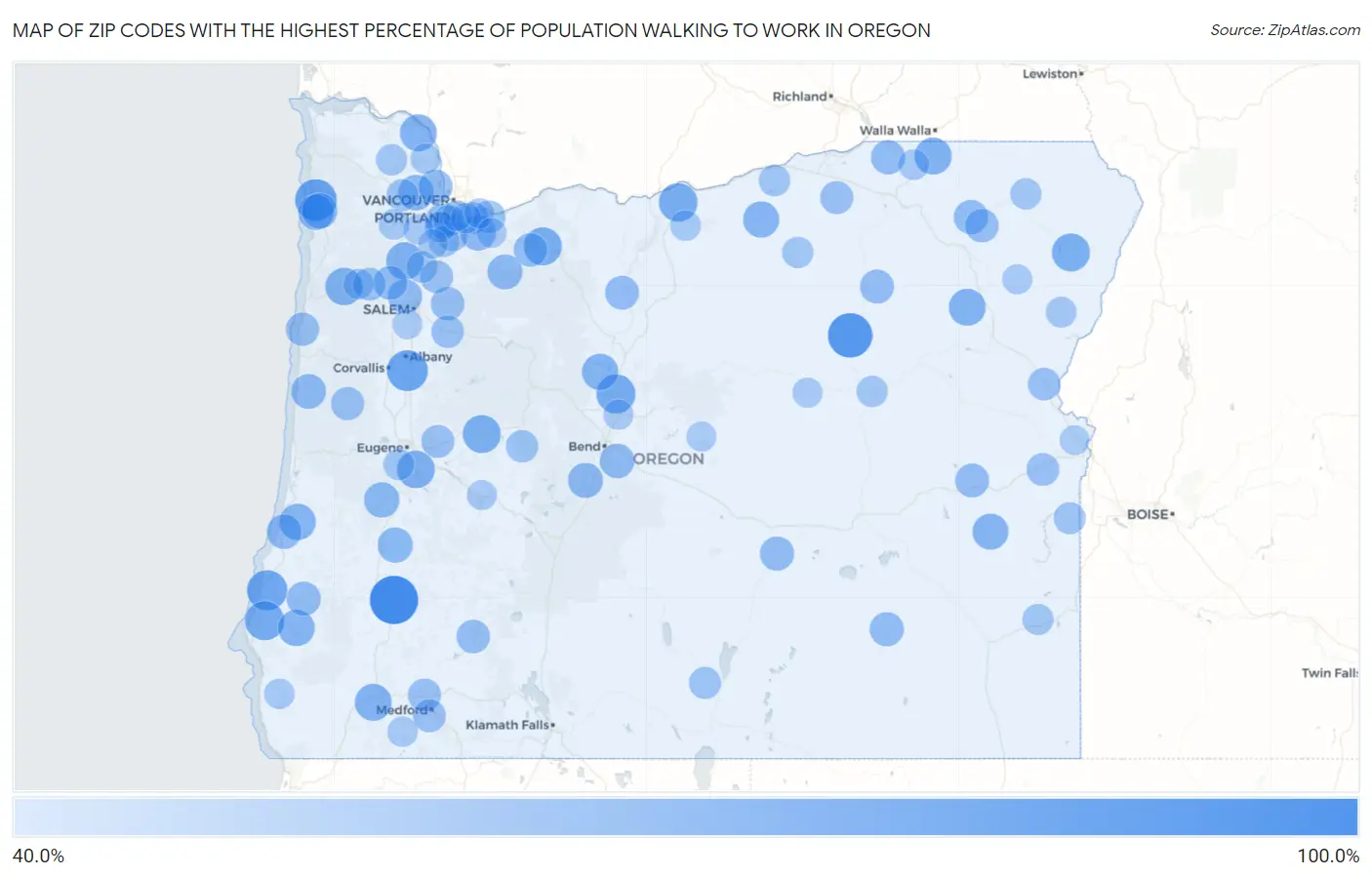 Zip Codes with the Highest Percentage of Population Walking to Work in Oregon Map