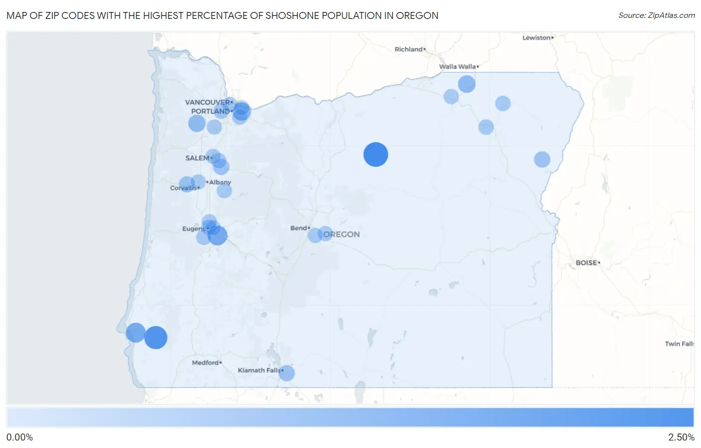Zip Codes with the Highest Percentage of Shoshone Population in Oregon Map