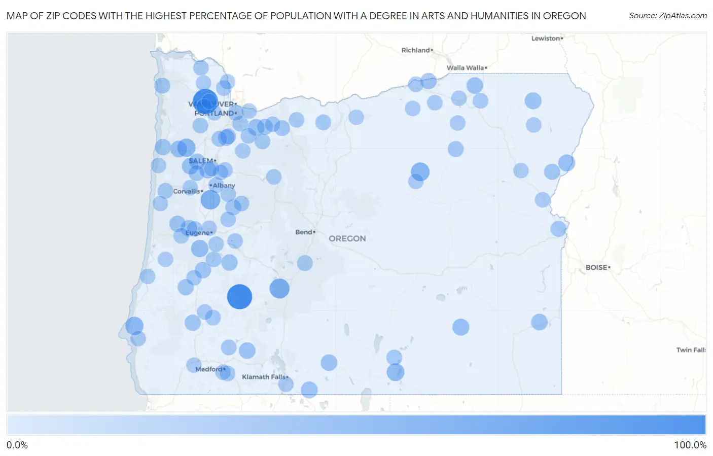 Zip Codes with the Highest Percentage of Population with a Degree in Arts and Humanities in Oregon Map