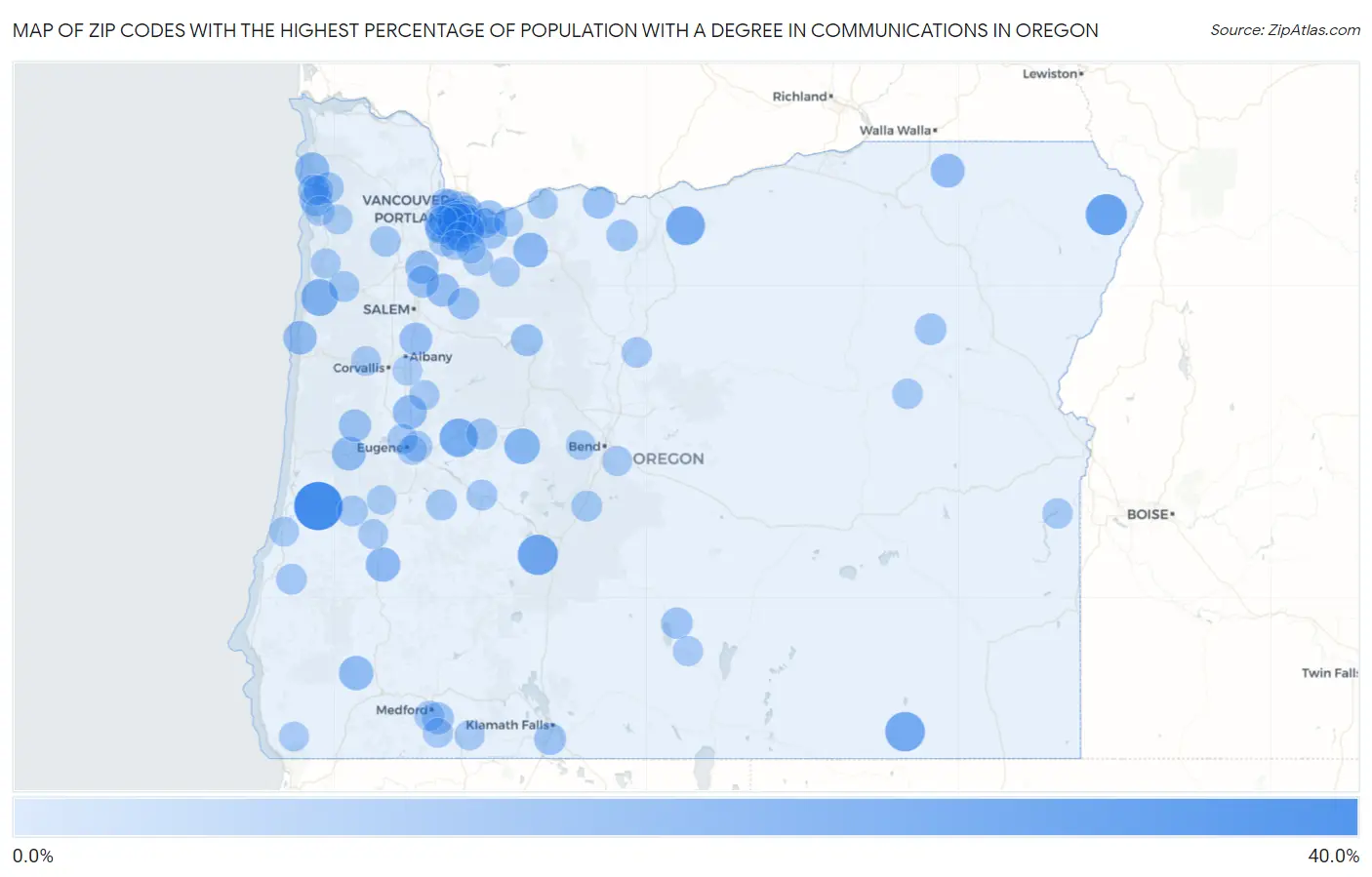 Zip Codes with the Highest Percentage of Population with a Degree in Communications in Oregon Map