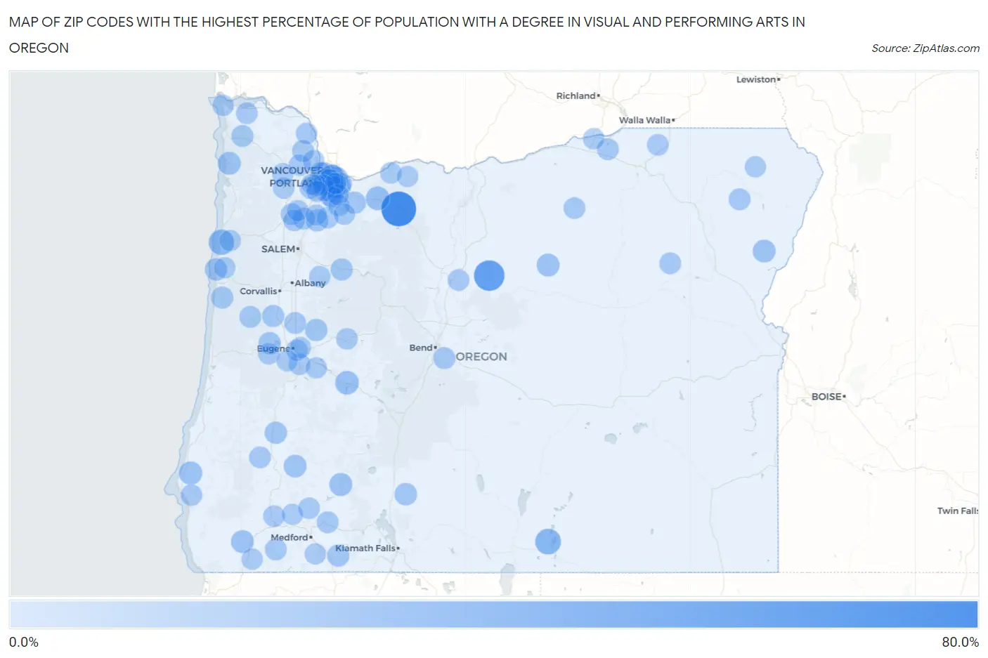 Zip Codes with the Highest Percentage of Population with a Degree in Visual and Performing Arts in Oregon Map