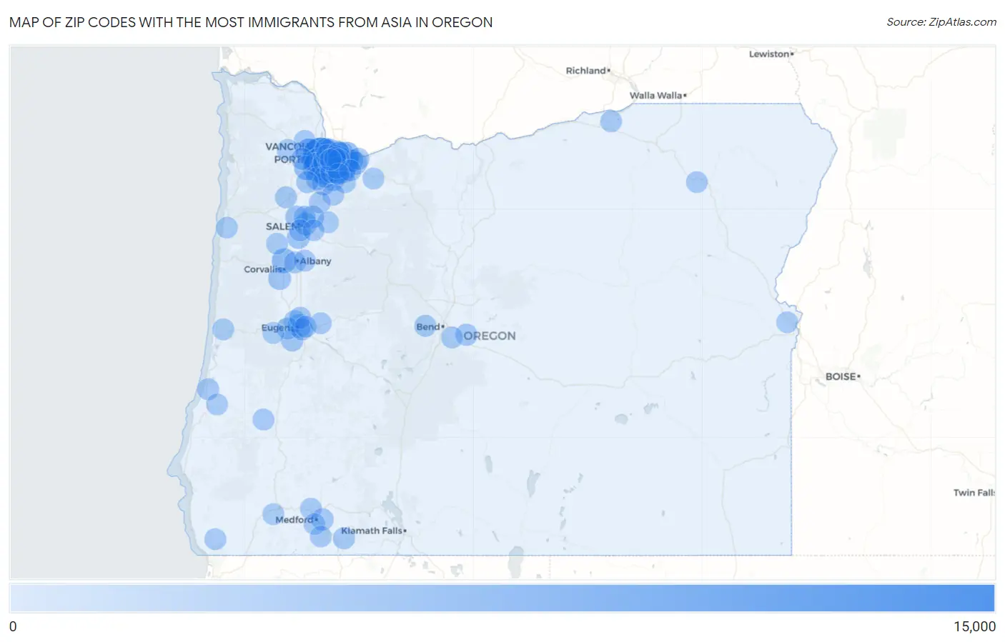 Zip Codes with the Most Immigrants from Asia in Oregon Map