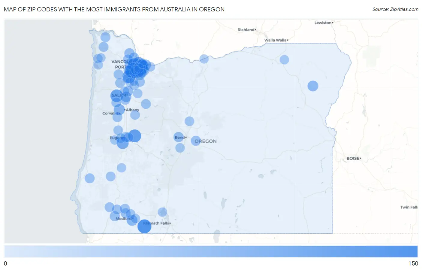 Zip Codes with the Most Immigrants from Australia in Oregon Map