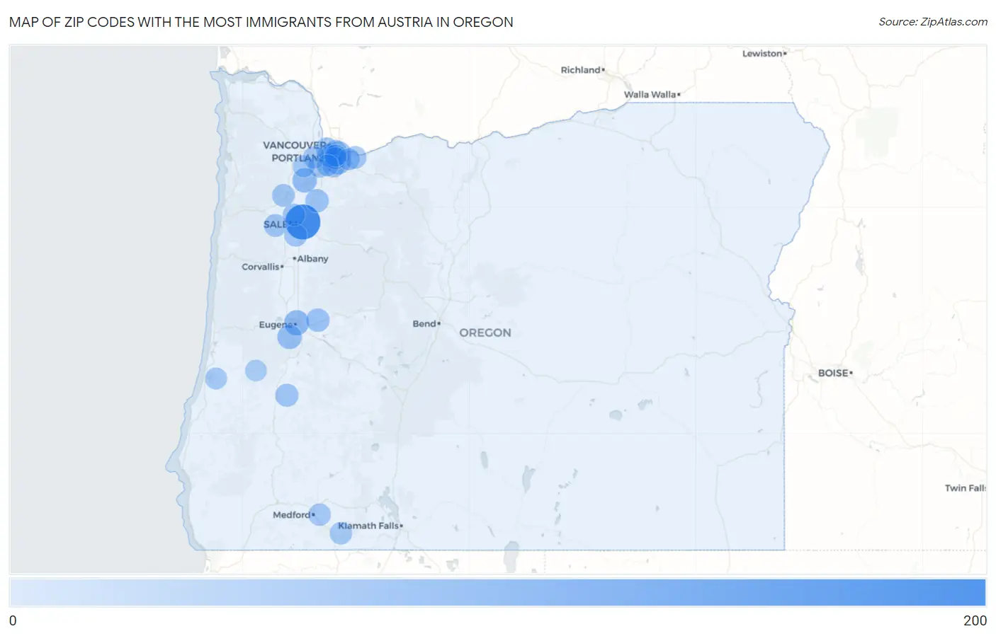 Zip Codes with the Most Immigrants from Austria in Oregon Map