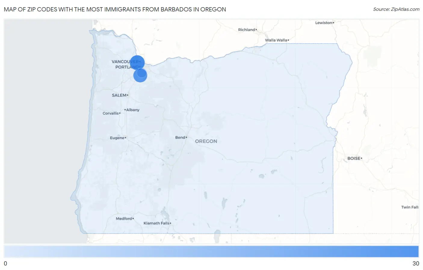 Zip Codes with the Most Immigrants from Barbados in Oregon Map