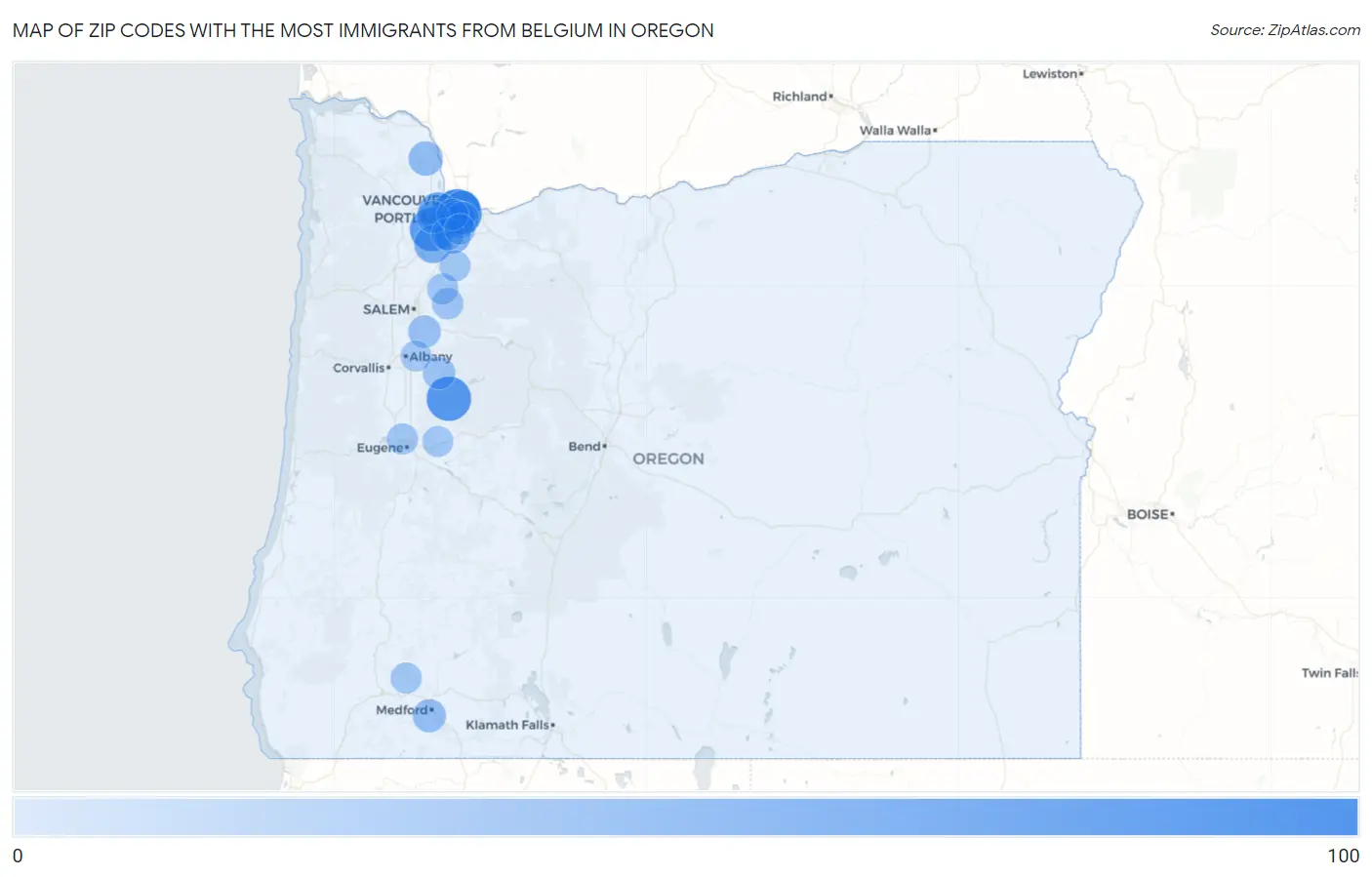 Zip Codes with the Most Immigrants from Belgium in Oregon Map