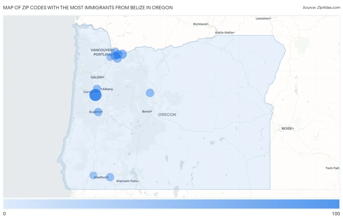 Zip Codes with the Most Immigrants from Belize in Oregon Map