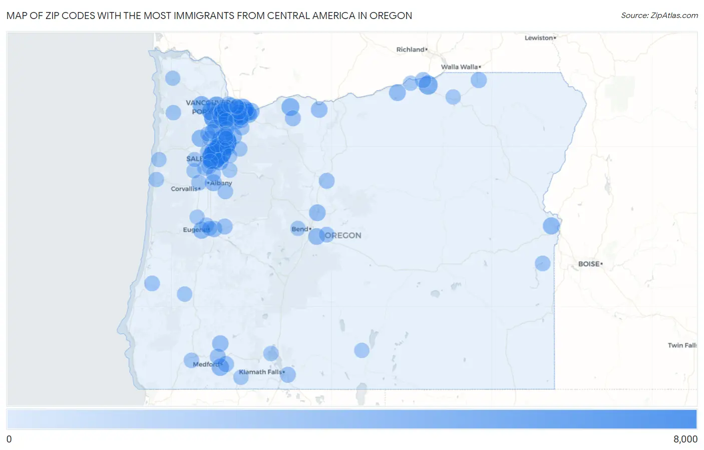 Zip Codes with the Most Immigrants from Central America in Oregon Map