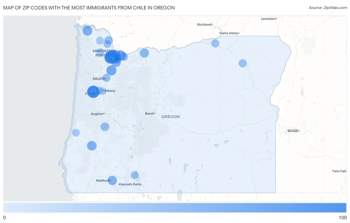 Zip Codes with the Most Immigrants from Chile in Oregon Map