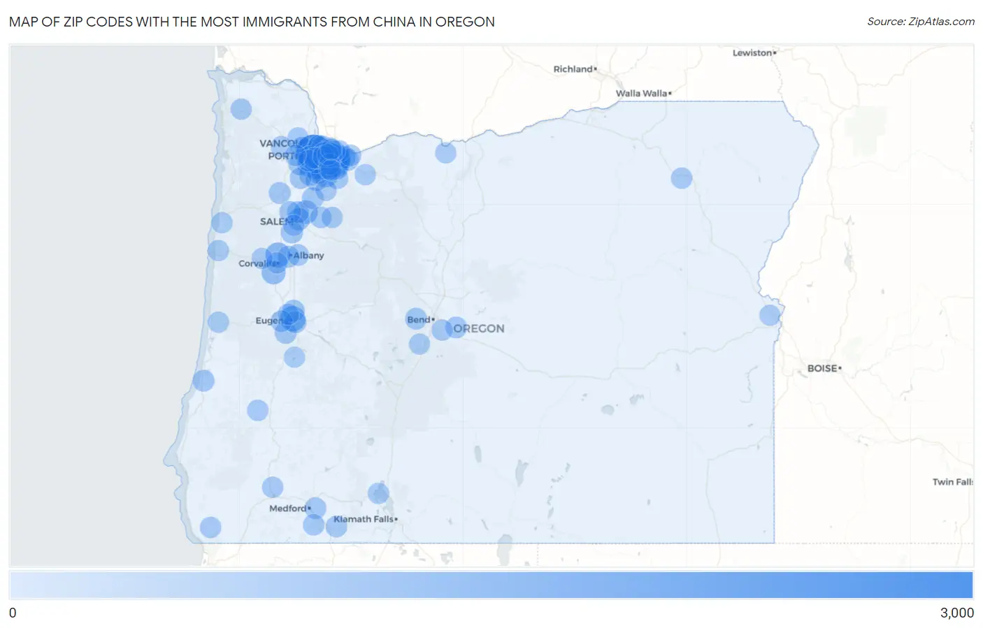 Zip Codes with the Most Immigrants from China in Oregon Map