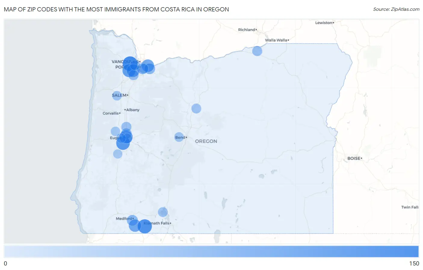 Zip Codes with the Most Immigrants from Costa Rica in Oregon Map