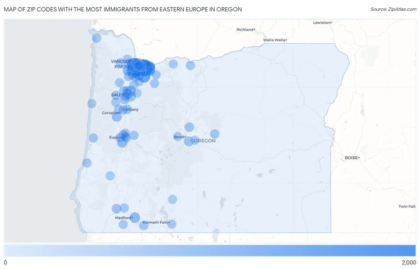 Zip Codes with the Most Immigrants from Eastern Europe in Oregon Map