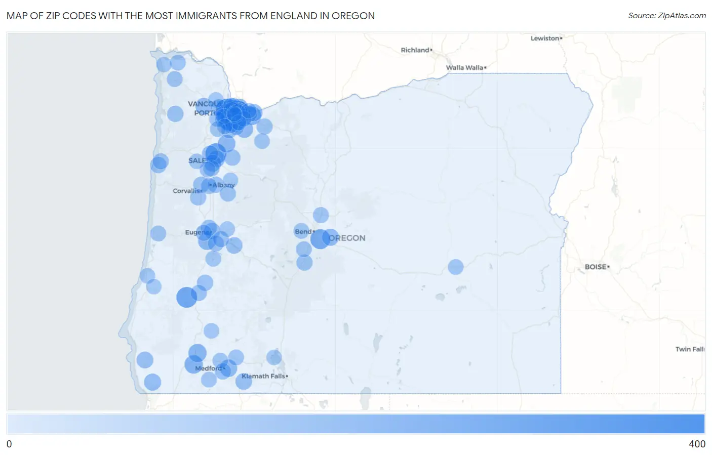 Zip Codes with the Most Immigrants from England in Oregon Map