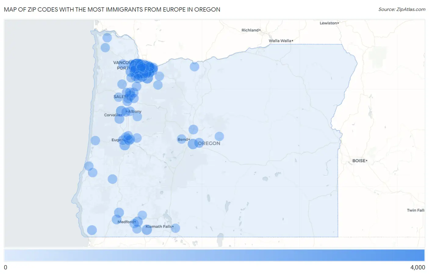 Zip Codes with the Most Immigrants from Europe in Oregon Map