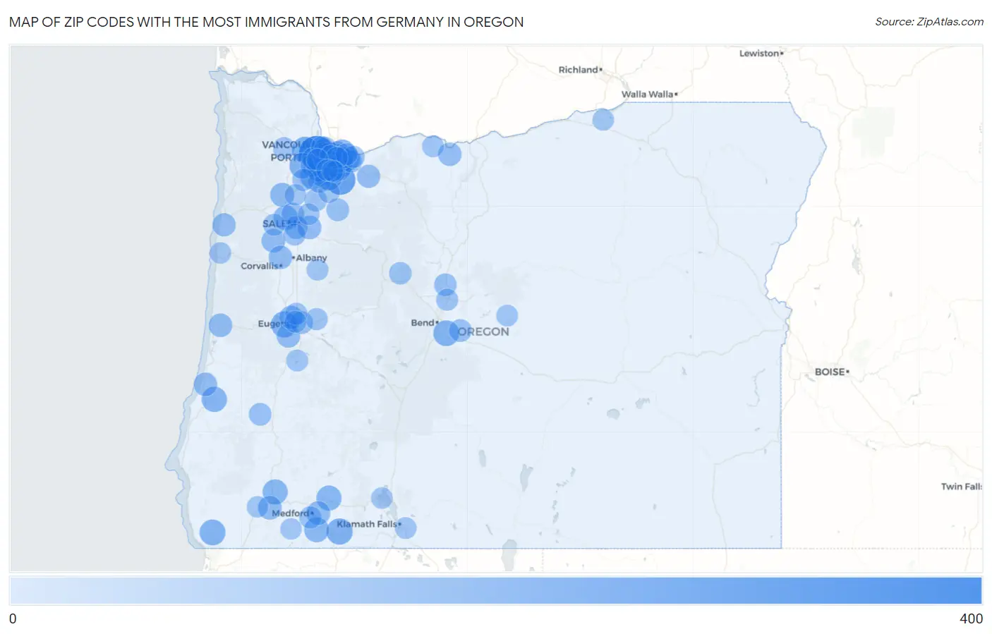 Zip Codes with the Most Immigrants from Germany in Oregon Map