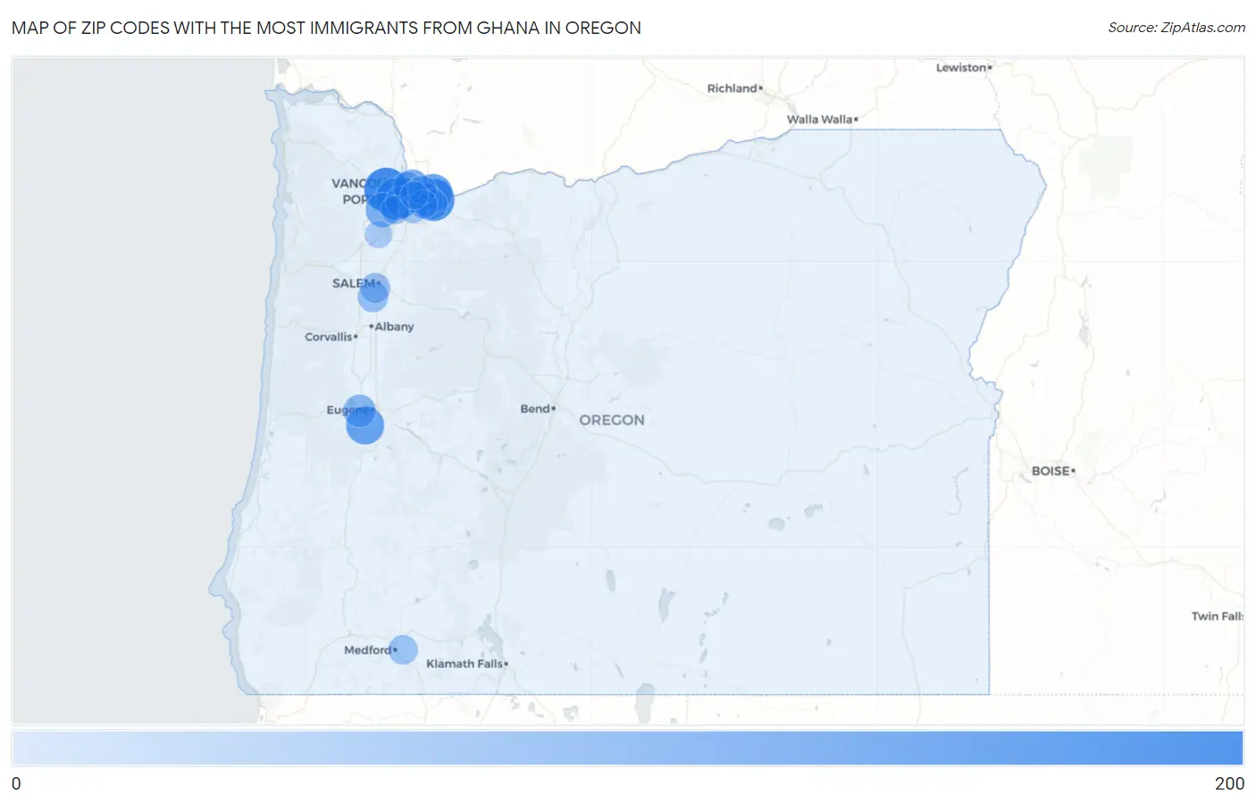 Zip Codes with the Most Immigrants from Ghana in Oregon Map