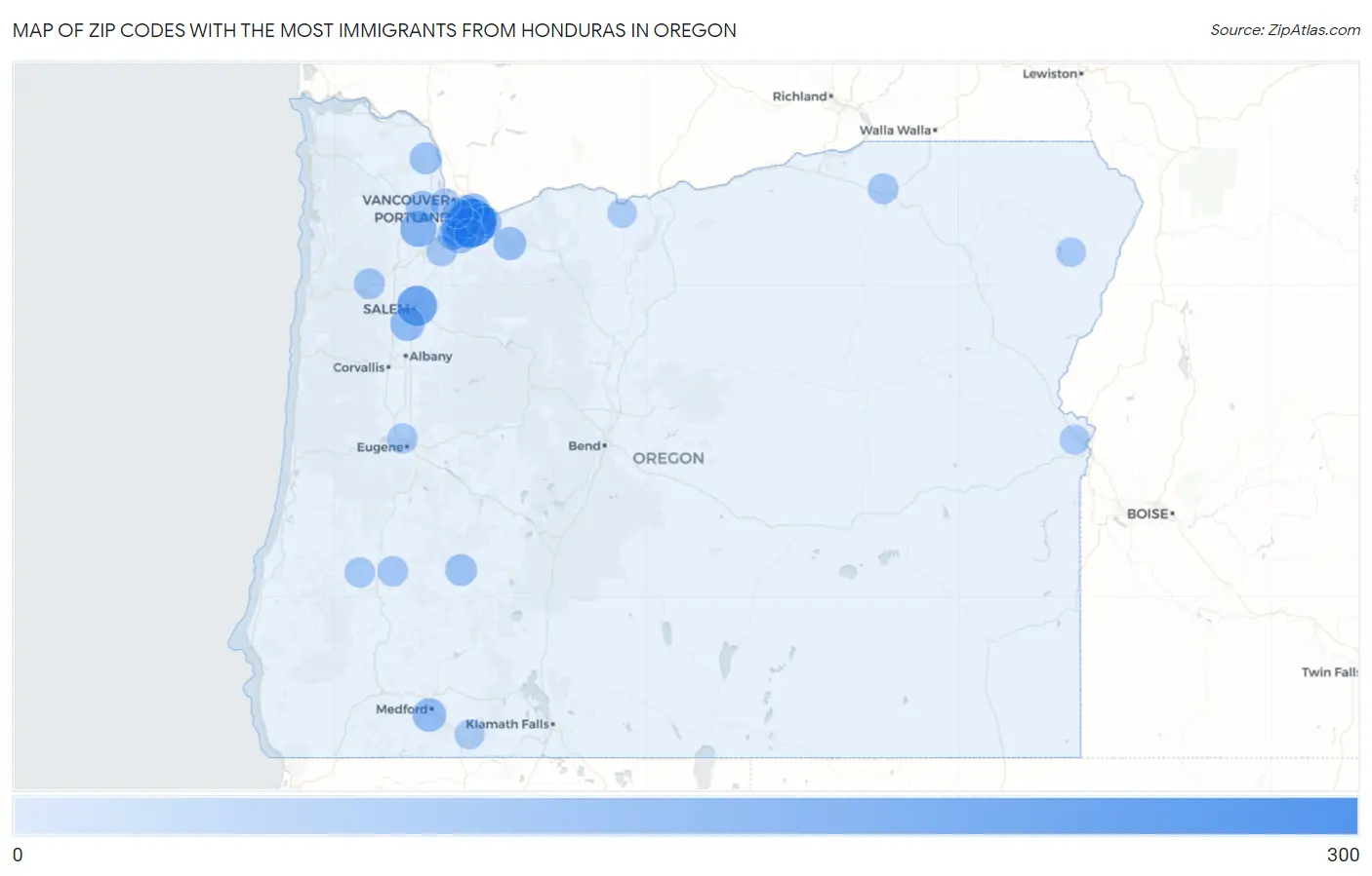 Zip Codes with the Most Immigrants from Honduras in Oregon Map