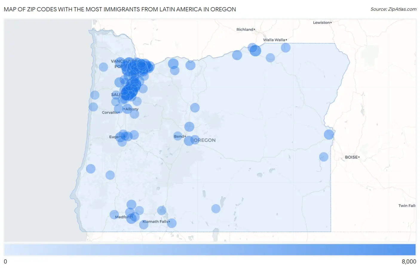 Zip Codes with the Most Immigrants from Latin America in Oregon Map