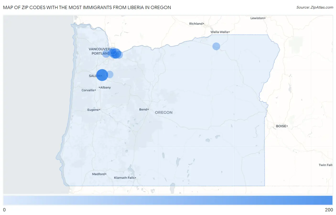 Zip Codes with the Most Immigrants from Liberia in Oregon Map