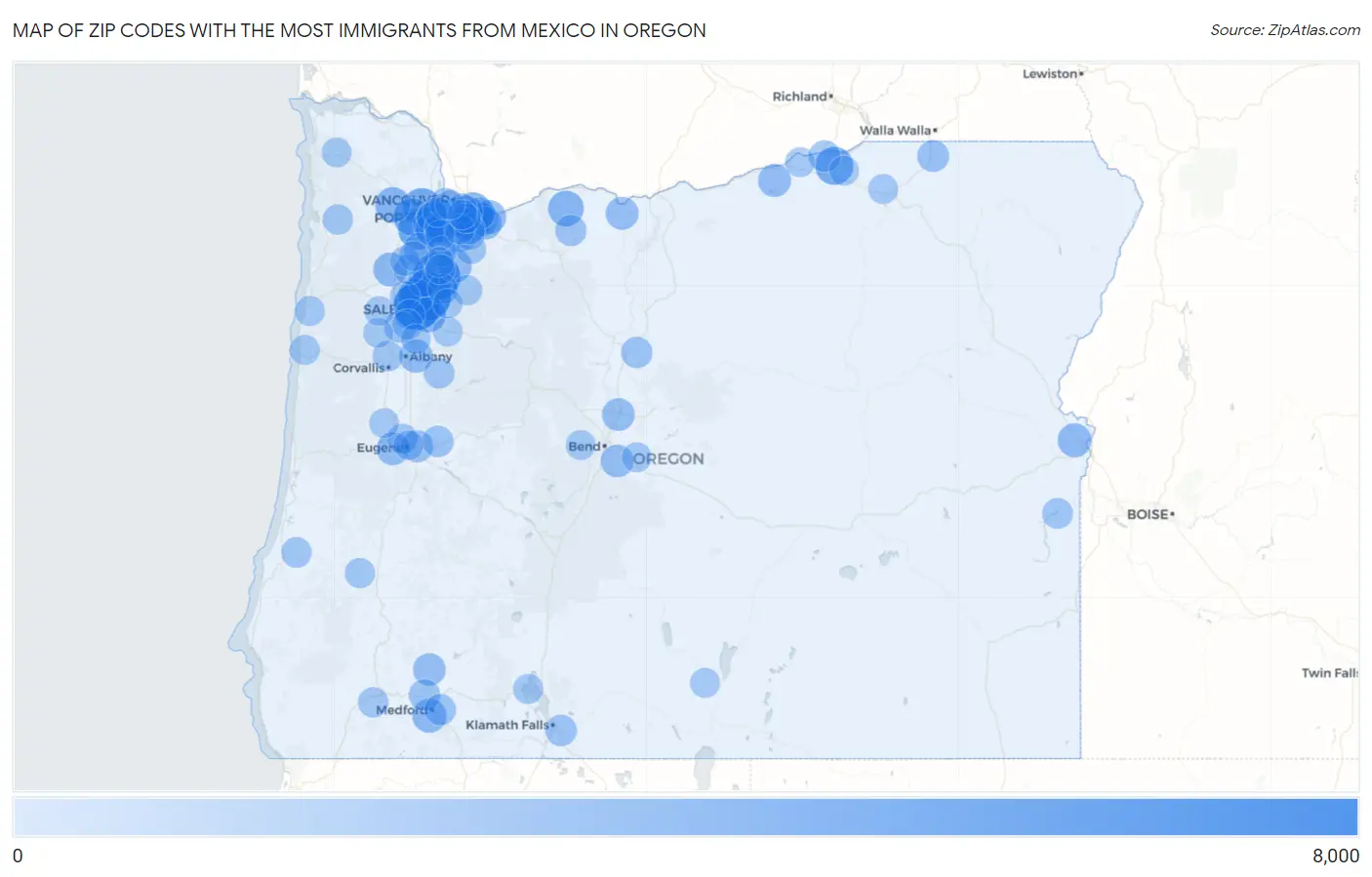 Zip Codes with the Most Immigrants from Mexico in Oregon Map