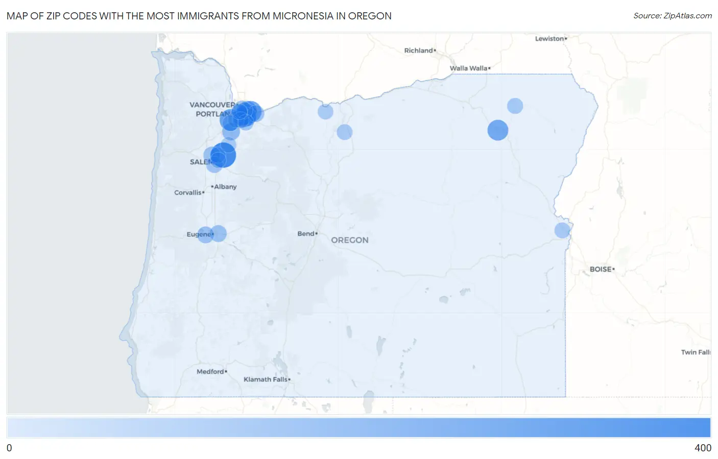 Zip Codes with the Most Immigrants from Micronesia in Oregon Map