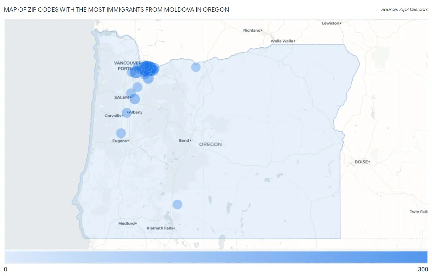 Zip Codes with the Most Immigrants from Moldova in Oregon Map