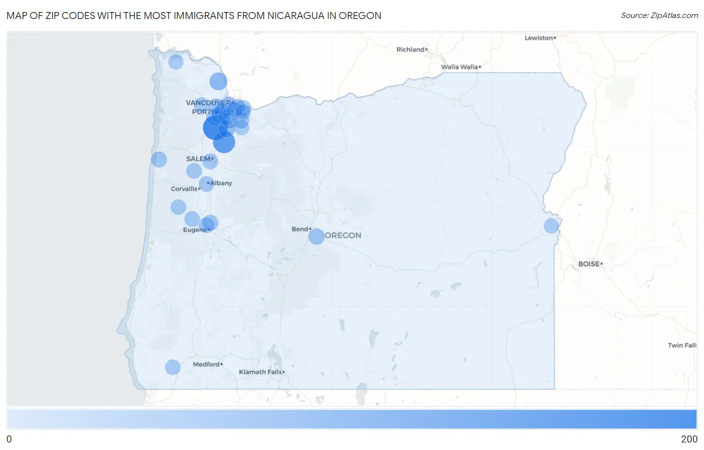 Zip Codes with the Most Immigrants from Nicaragua in Oregon Map