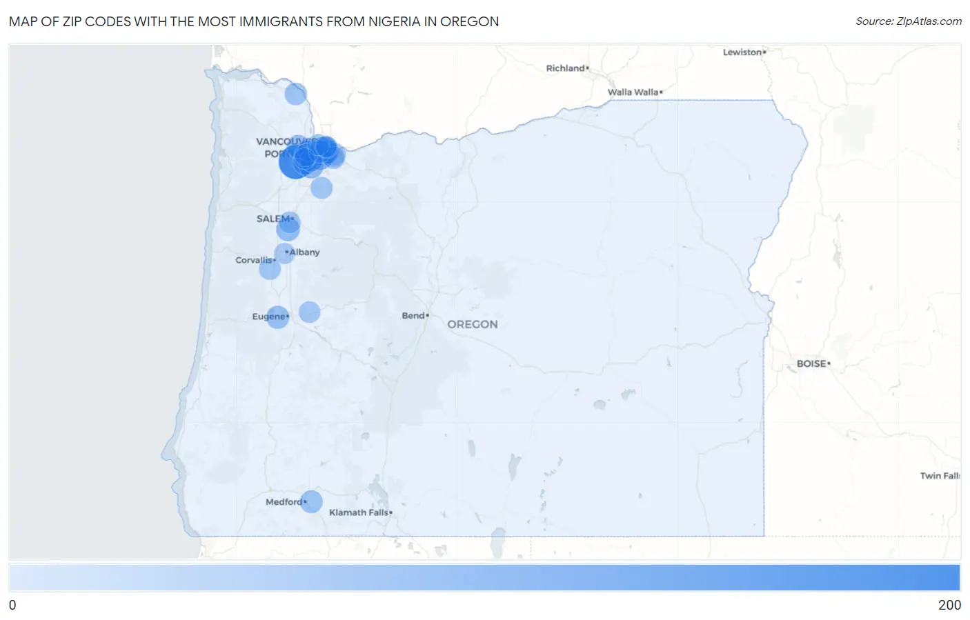 Zip Codes with the Most Immigrants from Nigeria in Oregon Map