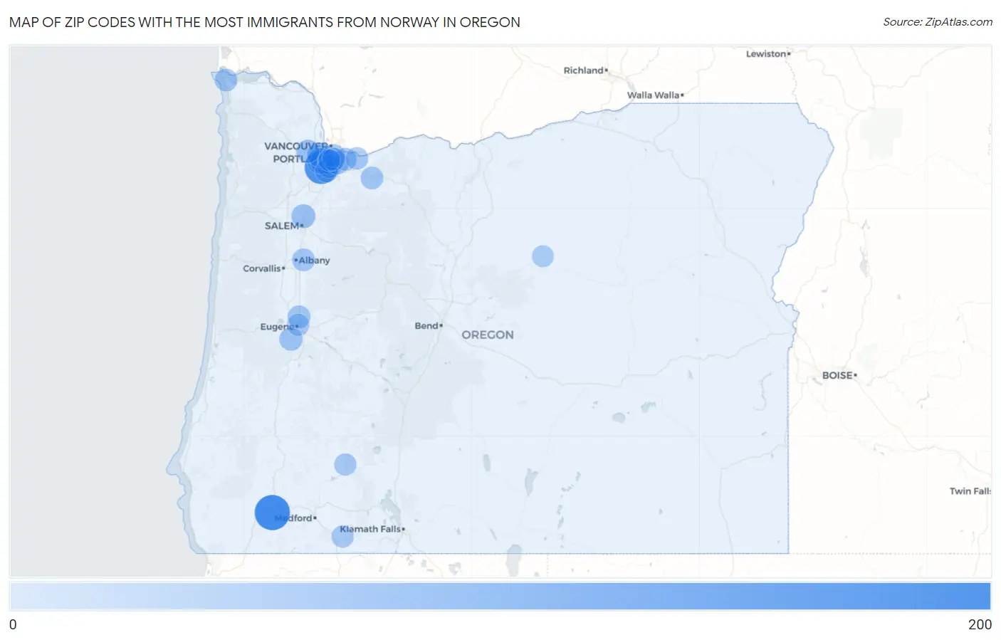 Zip Codes with the Most Immigrants from Norway in Oregon Map