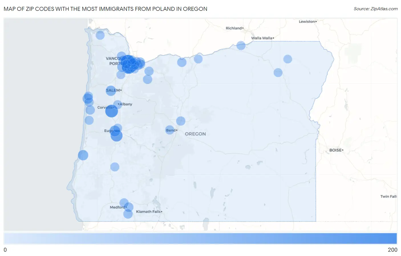 Zip Codes with the Most Immigrants from Poland in Oregon Map