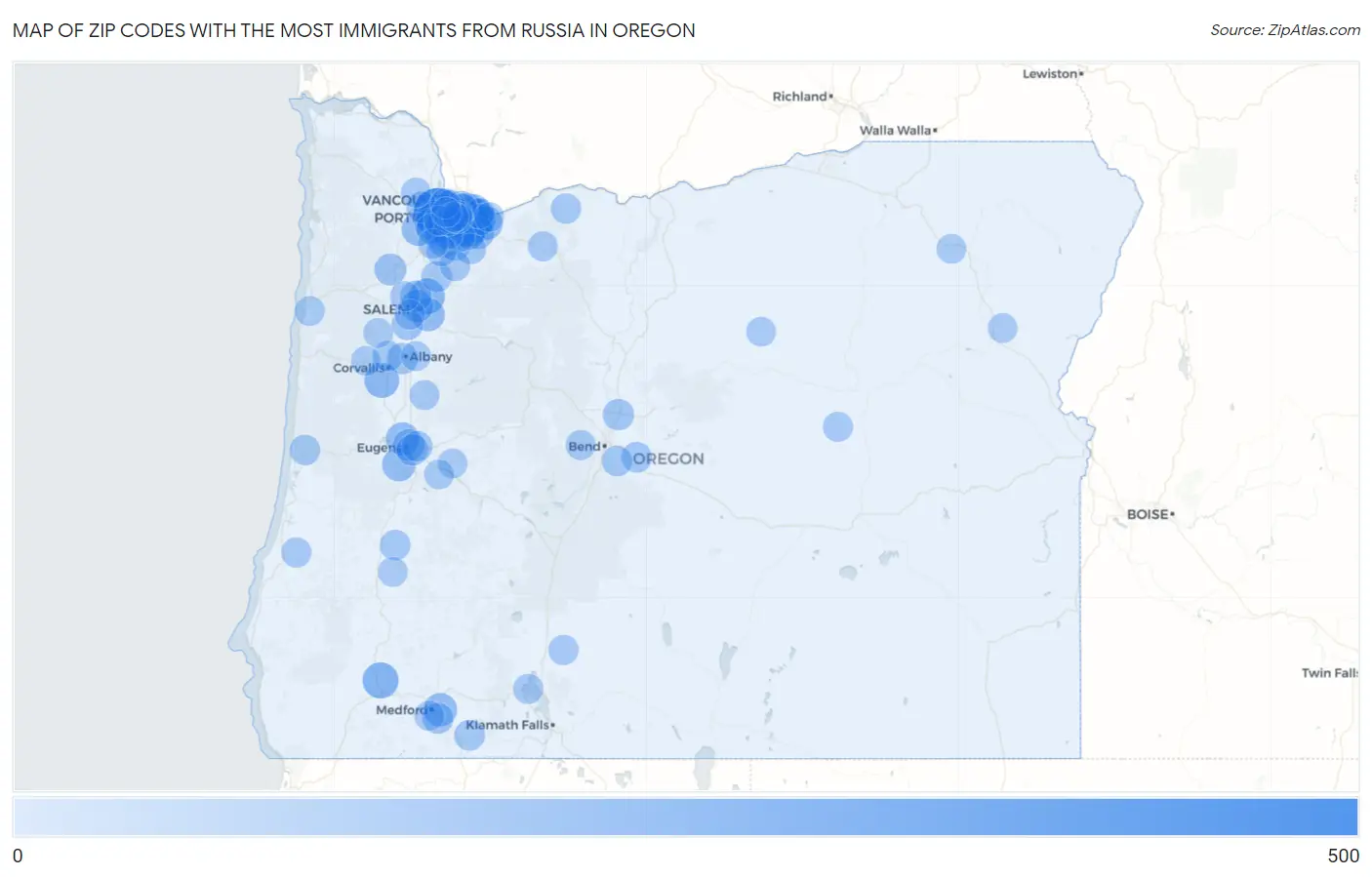 Zip Codes with the Most Immigrants from Russia in Oregon Map