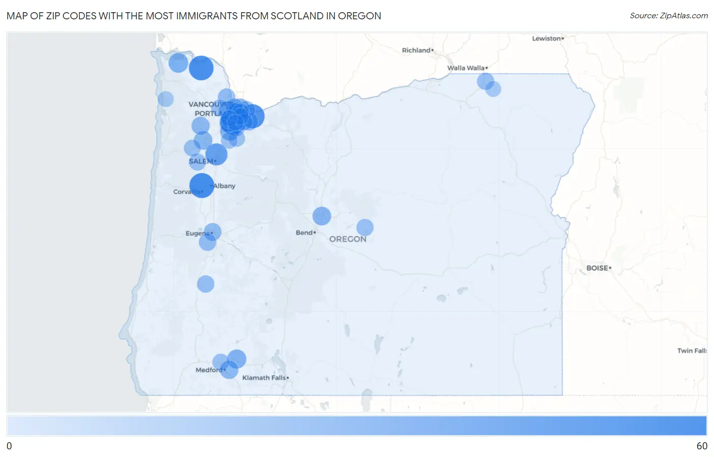 Zip Codes with the Most Immigrants from Scotland in Oregon Map