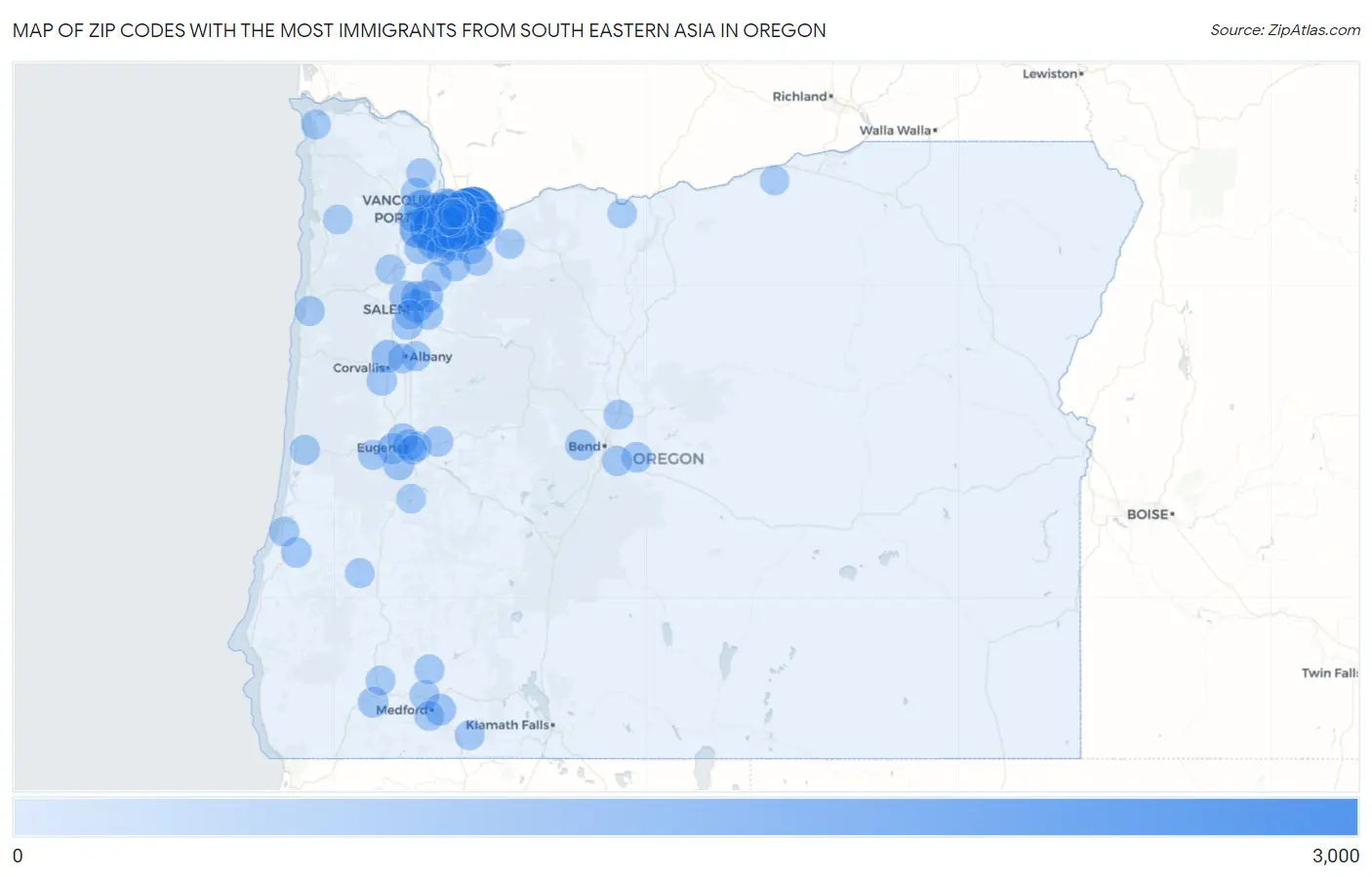 Zip Codes with the Most Immigrants from South Eastern Asia in Oregon Map