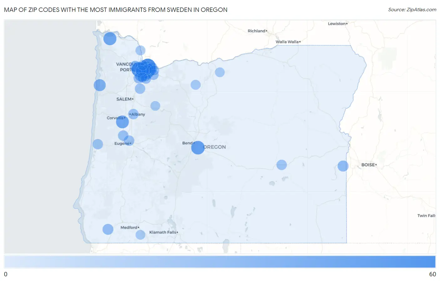 Zip Codes with the Most Immigrants from Sweden in Oregon Map