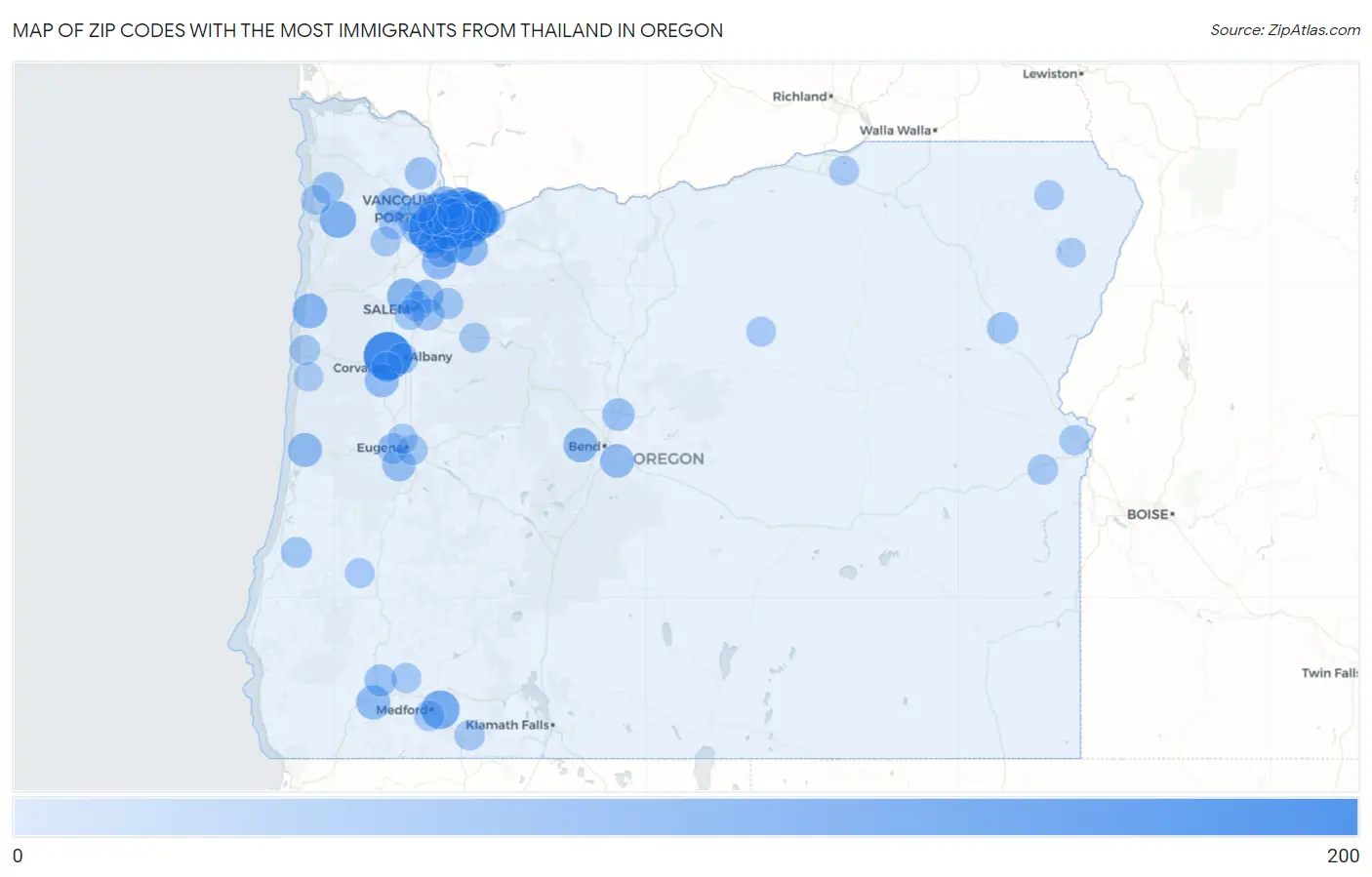 Zip Codes with the Most Immigrants from Thailand in Oregon Map
